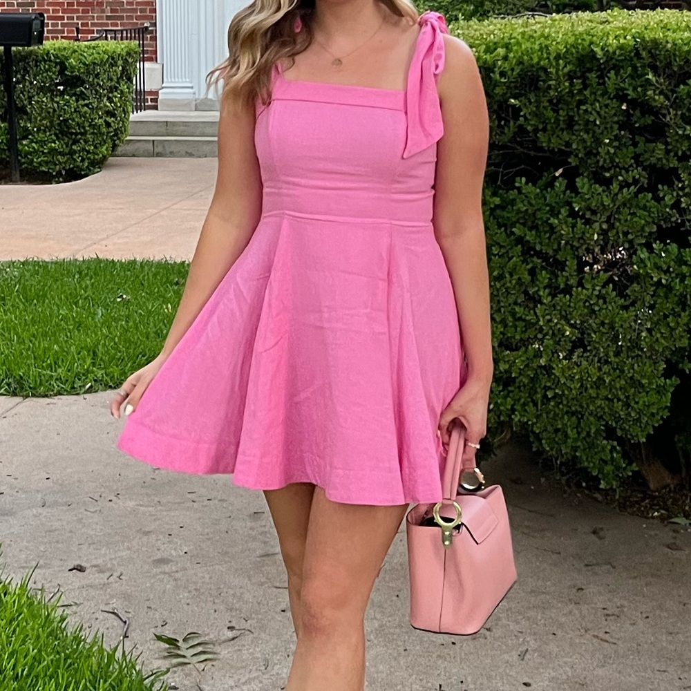 Lulu’s Flirtatious Looks Pink Tie-Strapped A-Line Mini Dress Linen Pockets SizeM
